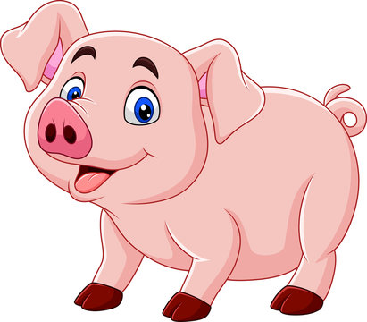 Cheerful cartoon pig with blue eyes, pink skin, and a smiling expression, standing on four legs.