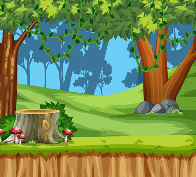 A vibrant cartoon forest scene with tree stumps, red mushrooms, green grass, and leafy vines under a blue sky.