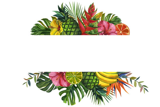 Vibrant tropical fruit and foliage border design featuring pineapple, banana, citrus, hibiscus, and monstera leaves in watercolor style.