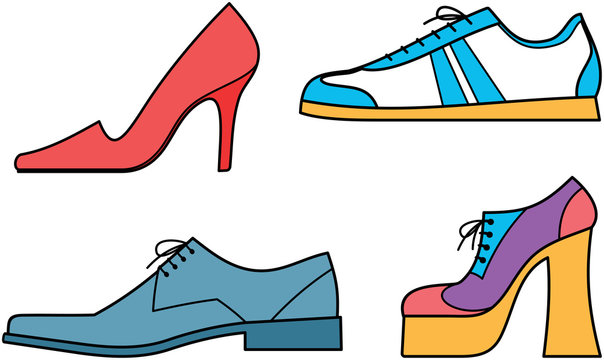 Four illustrated footwear styles: red stiletto, blue sneaker, blue dress shoe, and multicolor platform heel.