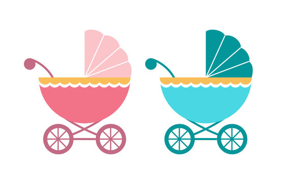 Two stylized vintage baby carriages-one pink for girls, one teal for boys-featuring scalloped canopies and spoked wheels.