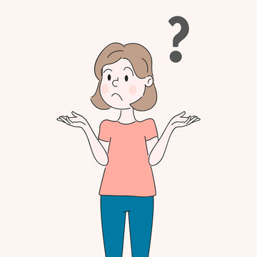 Confused woman shrugging with question mark above her head, illustrating uncertainty or decision-making dilemma.
