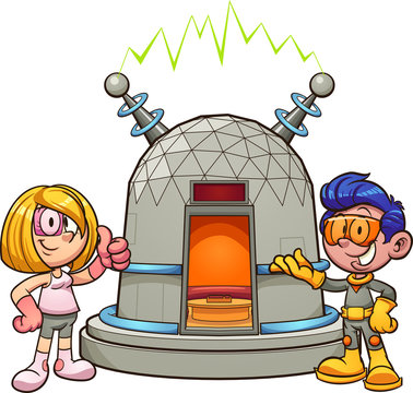 Two cartoon scientists giving thumbs-up beside a futuristic dome-shaped lab with energy beams.
