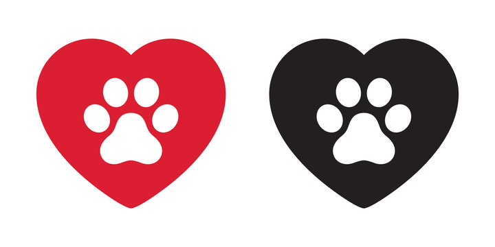 Red and black heart icons each containing a white paw print, symbolizing love for pets.