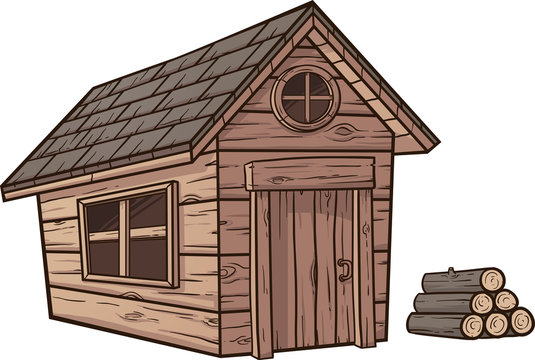 Wooden log cabin with shingled roof, round window, door, and stack of firewood beside it.