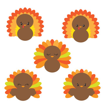 Five cute cartoon turkeys with colorful feather fans and expressive faces, perfect for Thanksgiving designs.