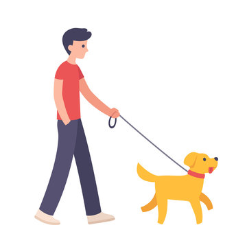 Man in red shirt walking a happy yellow dog on a leash.