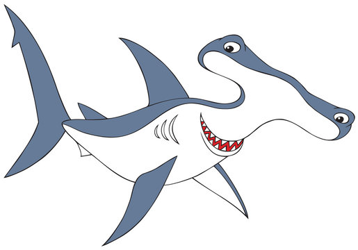 Cartoon hammerhead shark with wide grin, blue-gray fins, and expressive eyes on white background.