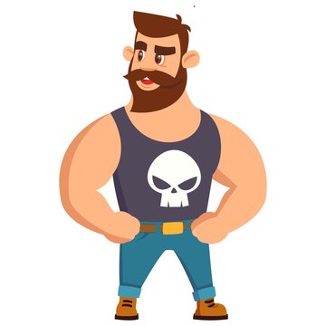 Muscular cartoon man with beard, mustache, skull tank top, and jeans standing confidently with hands on hips.