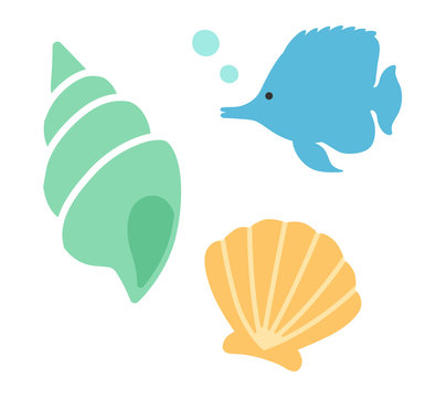 Ocean Life Illustration - Seashells and Fish Clipart