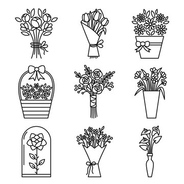 Nine black-and-white line illustrations of floral arrangements including bouquets, vases, baskets, and terrariums.