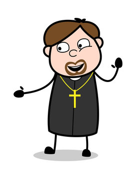 Cartoon priest in black robe with yellow cross, smiling and gesturing warmly.