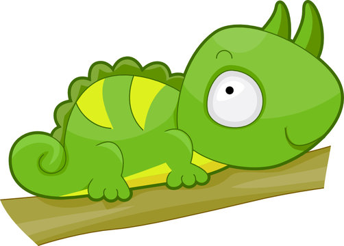 Cute green cartoon chameleon with yellow stripes resting on a wooden branch, smiling gently.