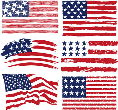 Six artistic renditions of the American flag in distressed, brushstroke, and waving styles.