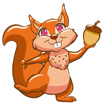 Cheerful cartoon squirrel holding an acorn, with pink eyes and a friendly smile.