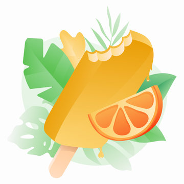 Orange popsicle with citrus slice and tropical leaves, vibrant summer treat illustration.
