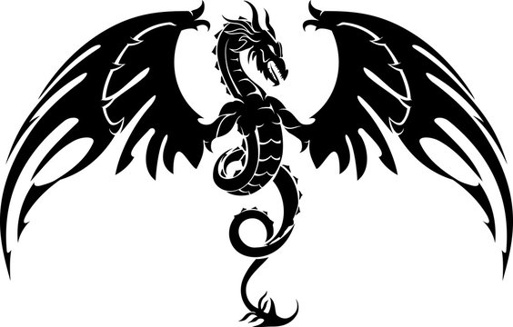 Tribal-style black dragon with outstretched wings and coiled body in bold silhouette design.
