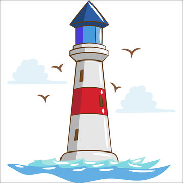 A cartoon-style lighthouse with red and white stripes, blue roof, standing in ocean waves with seagulls and clouds.