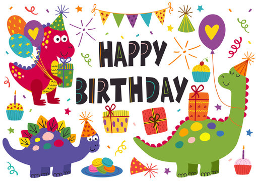 Colorful cartoon dinosaurs celebrating a birthday with balloons, cupcakes, gifts, and party hats.