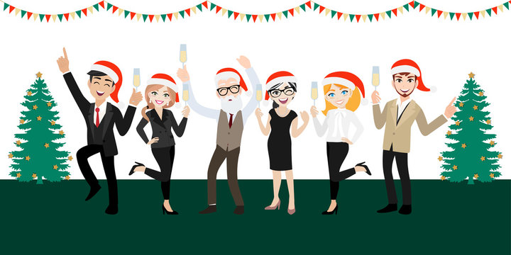 Six diverse office workers in Santa hats celebrating with champagne flutes, Christmas trees and bunting in background.