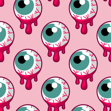 Pink background with repeating cartoon eyeballs dripping red liquid, stylized horror-gothic pattern.