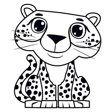 Cute cartoon leopard with big eyes and spotted fur, sitting upright in black-and-white line art style.
