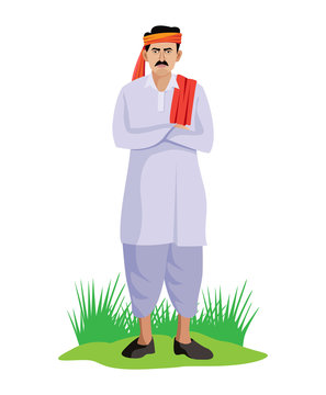 Indian farmer standing on grass, wearing white kurta, red turban, holding red book or ledger.