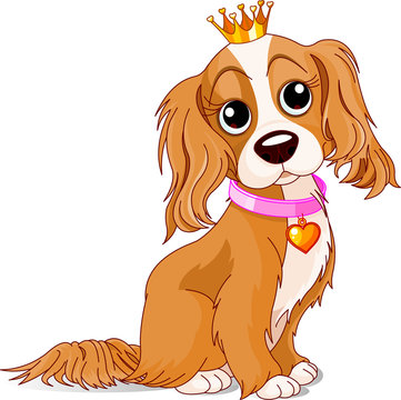 Adorable cartoon Cavalier King Charles Spaniel wearing a golden crown and pink heart-tag collar, sitting upright.