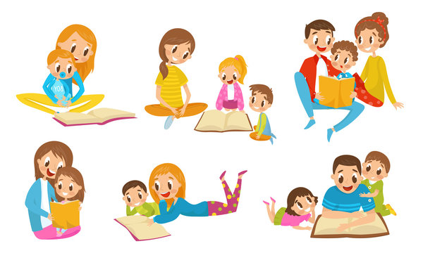 Families and caregivers reading books with children in cozy, joyful settings.