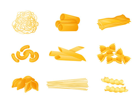 Nine varieties of uncooked pasta including spaghetti, rigatoni, lasagna, macaroni, penne, farfalle, conchiglie, and cavatelli.