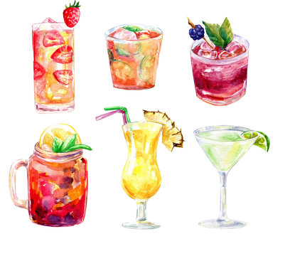 Six vibrant watercolor illustrations of colorful cocktails with fruit garnishes in assorted glassware.