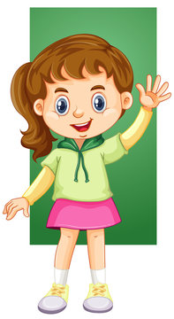 Smiling cartoon girl with brown pigtails waving, wearing green hoodie and pink skirt against green background.
