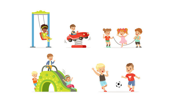 Children playing on swings, spring riders, jump ropes, slides, and soccer in colorful cartoon style.