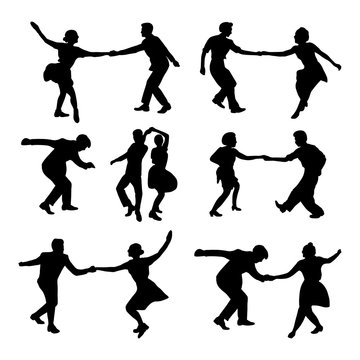 Silhouettes of nine couples dancing in dynamic, joyful poses against a white background.
