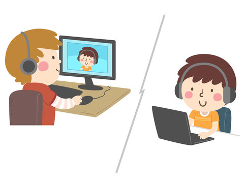 Two children wearing headphones video chatting via desktop and laptop computers, illustrating online learning or remote communication.