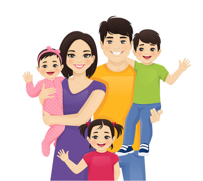 Happy family of five-mother, father, and three children-smiling and posing together in a colorful cartoon illustration.