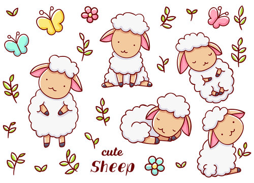 Cute cartoon sheep in various poses surrounded by flowers, butterflies, and leaves.