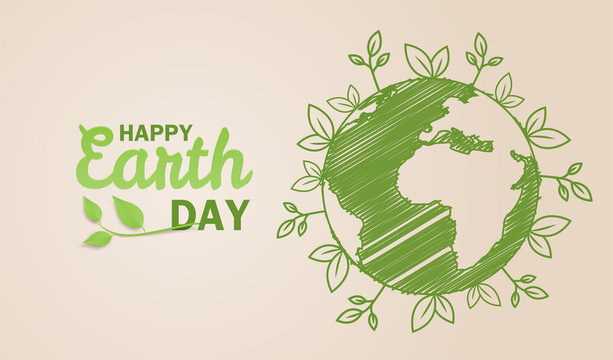 Hand-drawn green Earth globe surrounded by leaves with "Happy Earth Day" text on beige background.