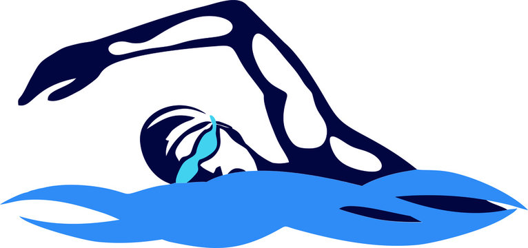 Stylized illustration of a swimmer performing freestyle stroke with blue water and cap/goggles.