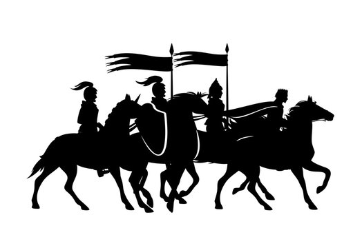 Silhouette of four medieval knights on horseback charging with banners aloft.