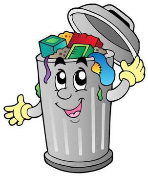 Cheerful cartoon trash can with arms, smiling face, and colorful recyclables spilling out from open lid.
