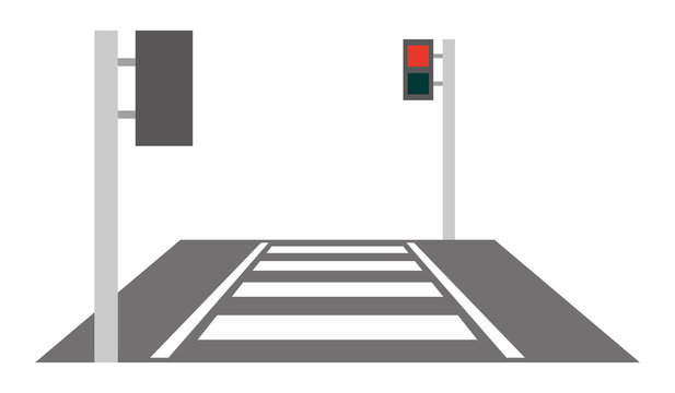 Pedestrian crossing with traffic lights showing red and green signals on either side of the road.