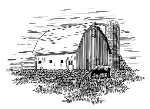 Black-and-white line drawing of a classic barn with silo, grazing horse, and field under a textured sky.