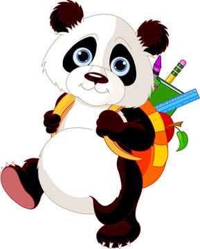 Cute cartoon panda wearing a backpack full of school supplies, walking cheerfully.
