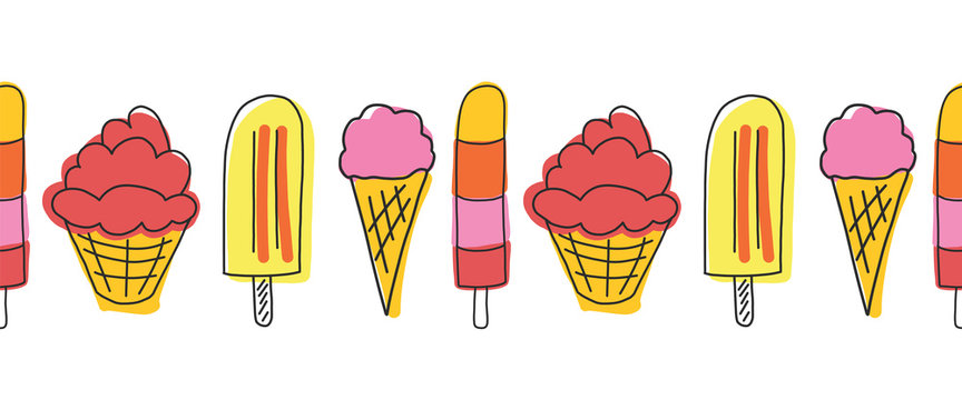 Colorful hand-drawn ice cream cones, cups, and popsicles in a repeating pattern on white background.
