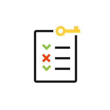A clipboard icon with a checklist (green checkmarks, red X), and a yellow key symbol at the top right.