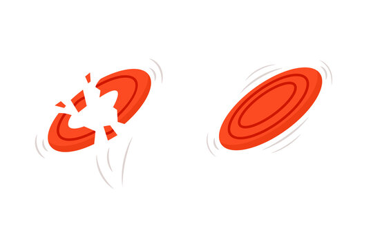 A red disc shattering into pieces on the left and a whole red disc spinning on the right, illustrating breakage versus integrity.