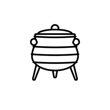 Simple line drawing of a three-legged pot with lid and side handles, resembling a traditional cast-iron Dutch oven or potjie.