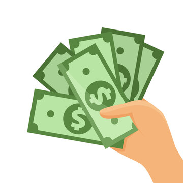Hand holding a fan of green US dollar bills with dollar symbols.