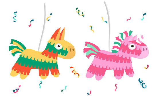 Two colorful piñatas shaped like donkeys-yellow-green-red and pink-purple-hanging with confetti falling around them.